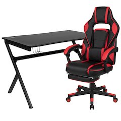 Black Gaming Desk/Headphone Hook/2 Wire Management Holes, Red Gaming Chair