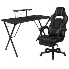 Black Gaming Desk/Headphone Hook/Monitor Stand & Black Back/Arms Gaming Chair