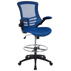 Mid-Back Blue Mesh Drafting Chair with Adjustable Foot Ring and Flip-Up Arms