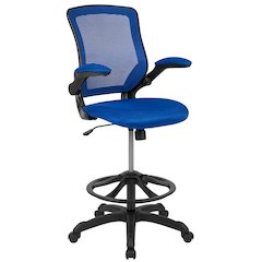 Mid-Back Blue Mesh Ergonomic Drafting Chair with Adjustable Foot Ring and Flip-Up Arms