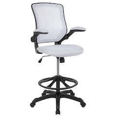 Mid-Back White Mesh Drafting Chair with Adjustable Foot Ring and Flip-Up Arms