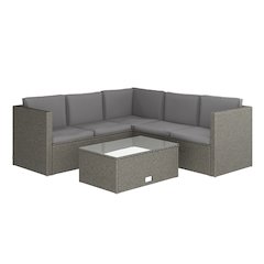 L-Shaped Sectional with Coffee Table in Gray Wicker PE Rattan, Gray Cushions