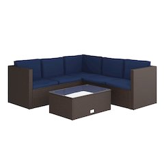 L-Shaped Sectional with Coffee Table in Brown Wicker PE Rattan, Navy Cushions