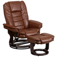 Recliner with Horizontal Stitching and Ottoman with Swivel Mahogany Wood Base