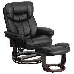 Contemporary Multi-Position Recliner and Curved Ottoman with Swivel Mahogany Wood Base in Black LeatherSoft