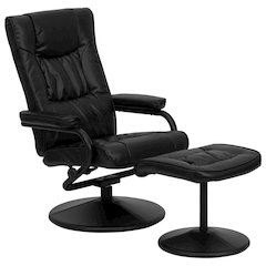 Contemporary Multi-Position Recliner and Ottoman with Wrapped Base in Black LeatherSoft