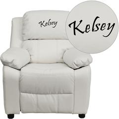 Deluxe Padded Contemporary White Vinyl Kids Recliner with Storage Arms
