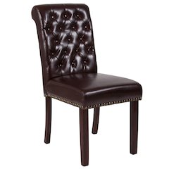 Brown LeatherSoft Tufted Parsons Chair with Rolled Back, Accent Nail Trim and Walnut Finish