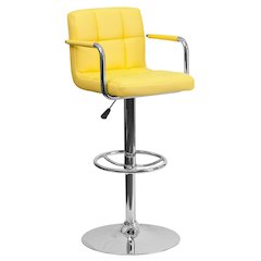 Yellow Quilted Vinyl Adjustable Height Barstool with Arms and Chrome Base