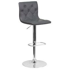 Contemporary Button Tufted Gray Vinyl Adjustable Height Barstool with Chrome Base