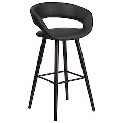 29'' High Contemporary Cappuccino Wood Rounded Open Back Barstool in Black Vinyl