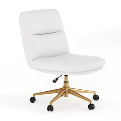 White Padded LeatherSoft Armless Task Office Chair with Wheels,  Gold Frame