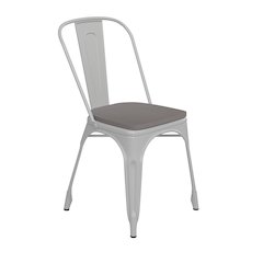 White Metal Indoor-Outdoor Stackable Chair with Gray Poly Resin Wood Seat