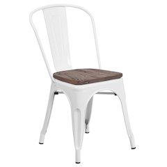 White Metal Stackable Chair with Wood Seat