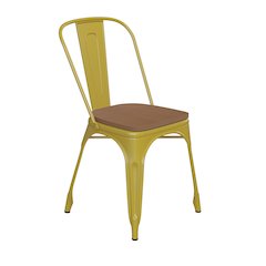 Yellow Metal Indoor-Outdoor Stackable Chair with Teak Poly Resin Wood Seat