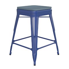 24" High Blue Metal Counter Height Stool with Teal-Blue Poly Resin Wood Seat
