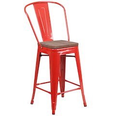 24" High Red Metal Counter Height Stool with Back and Wood Seat