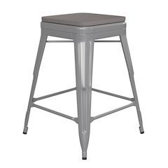 24" High Silver Metal Indoor-Counter Height Stool with Gray Poly Resin Wood Seat