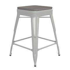 24" High White Metal Indoor-Counter Height Stool with Gray Poly Resin Wood Seat