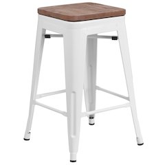 24" High Backless White Metal Counter Height Stool with Square Wood Seat