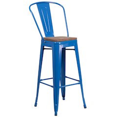 30" High Blue Metal Barstool with Back and Wood Seat