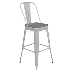 30" High White Metal Bar Height Stool with Gray All-Weather Poly Resin Seat