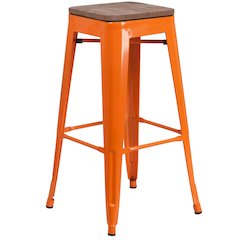 30" High Backless Orange Metal Barstool with Square Wood Seat