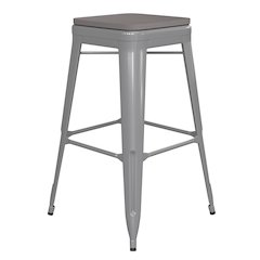 30" High Silver Metal Indoor-Outdoor Barstool with Gray Poly Resin Wood Seat