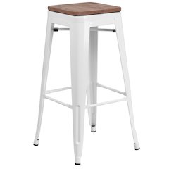 30" High Backless White Metal Barstool with Square Wood Seat