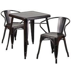23.75" Black-Antique Gold Metal Indoor-Outdoor Table Set with 2 Arm Chairs