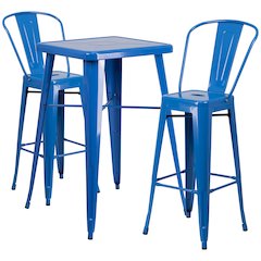 23.75" Square Blue Metal Indoor-Outdoor Bar Table Set with 2 Stools with Backs