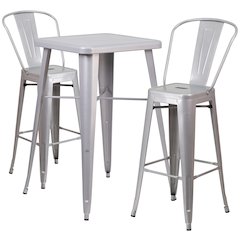 23.75" Square Silver Metal Indoor-Outdoor Bar Table Set with 2 Stools with Backs