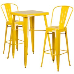 23.75" Square Yellow Metal Indoor-Outdoor Bar Table Set with 2 Stools with Backs