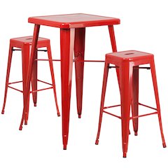 23.75" Red Metal Indoor-Outdoor Bar Table Set with 2 Seat Backless Stools