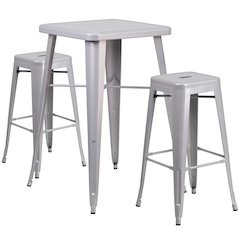 23.75" Silver Metal Indoor-Outdoor Bar Table Set with 2 Seat Backless Stools