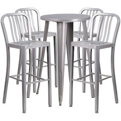 Commercial Grade 24" Round Silver Metal Indoor-Outdoor Bar Table Set with 4 Vertical Slat Back Stools