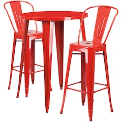 30" Round Red Metal Indoor-Outdoor Bar Table Set with 2 Cafe Stools