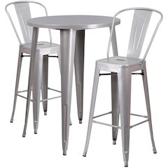 30" Round Silver Metal Indoor-Outdoor Bar Table Set with 2 Cafe Stools