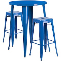 30" Round Blue Metal Indoor-Outdoor Bar Table Set with 2 Seat Backless Stools