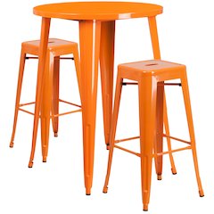 30" Round Orange Metal Indoor-Outdoor Bar Table Set with 2 Seat Backless Stools