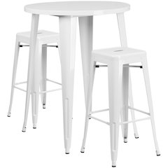 30" Round White Metal Indoor-Outdoor Bar Table Set with 2 Seat Backless Stools