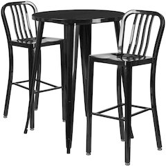 Commercial Grade 30" Round Black Metal Indoor-Outdoor Bar Table Set with 2 Vertical Slat Back Stools