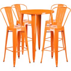 Commercial Grade 30" Round Orange Metal Indoor-Outdoor Bar Table Set with 4 Cafe Stools