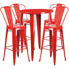 30" Round Red Metal Indoor-Outdoor Bar Table Set with 4 Cafe Stools
