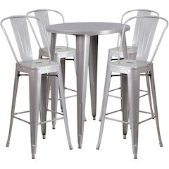30" Round Silver Metal Indoor-Outdoor Bar Table Set with 4 Cafe Stools