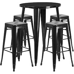 Commercial Grade 30" Round Black Metal Indoor-Outdoor Bar Table Set with 4 Square Seat Backless Stools