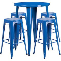 Commercial Grade 30" Round Blue Metal Indoor-Outdoor Bar Table Set with 4 Square Seat Backless Stools