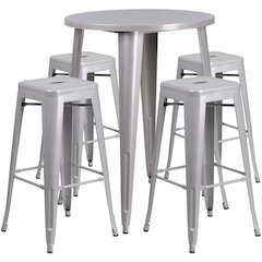 Commercial Grade 30" Round Silver Metal Indoor-Outdoor Bar Table Set with 4 Square Seat Backless Stools