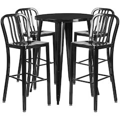 Commercial Grade 30" Round Black Metal Indoor-Outdoor Bar Table Set with 4 Vertical Slat Back Stools