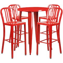 Commercial Grade 30" Round Red Metal Indoor-Outdoor Bar Table Set with 4 Vertical Slat Back Stools